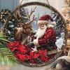 Christmas Wooden Sign with Santa Claus and Reindeer Pattern- Warm Winter Navidad Sign for Front Door Wall Hanging Decor - Ideal Christmas Ornament