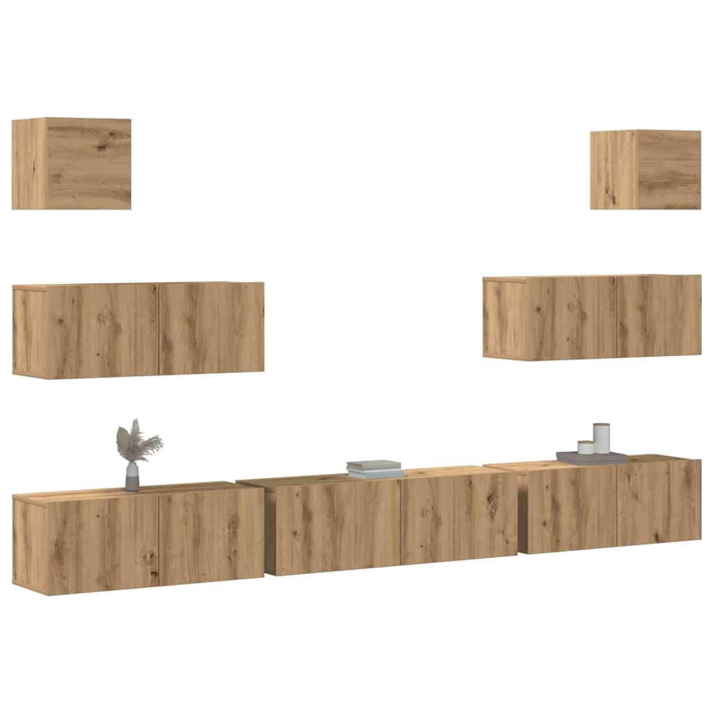 7 Piece Wall Mounted TV Cabinet Set Artisan Oak Wood Based Panel