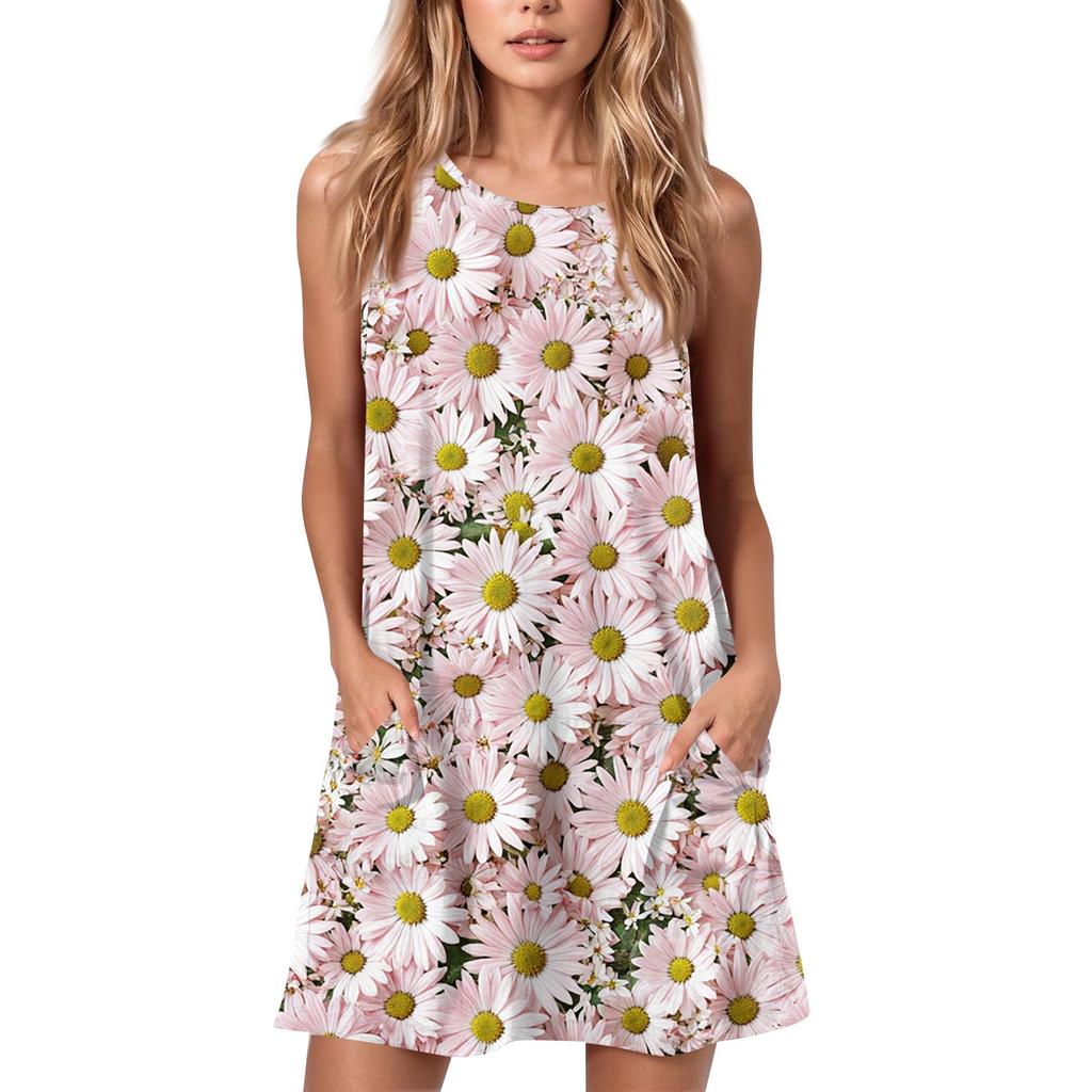 Женское летнее повседневное платье с круглым вырезом и принтом, платье без рукавов с карманами