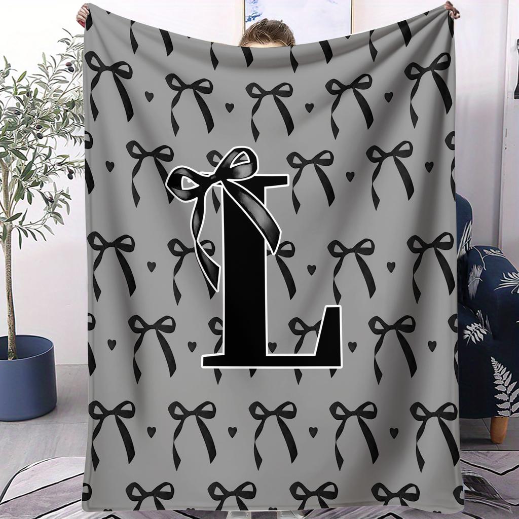 Trendy UltraCozy MultiUse Monogram Letter  Bow Blanket Soft Fluffy Decorative Couch Bed AllSeason Throw
