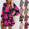 Trendy Women's Print V-Neck Waist-Cinching Dress with Long Sleeves