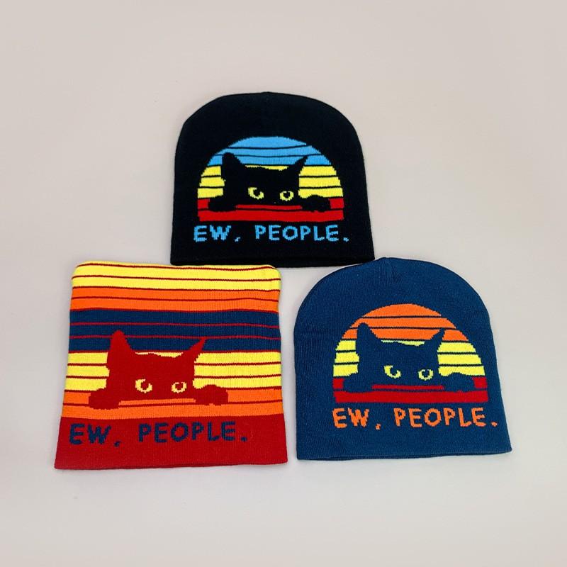 Hip Hop Stripe Knit Beanie Men Women Funny Cat Warm Fashion Hat