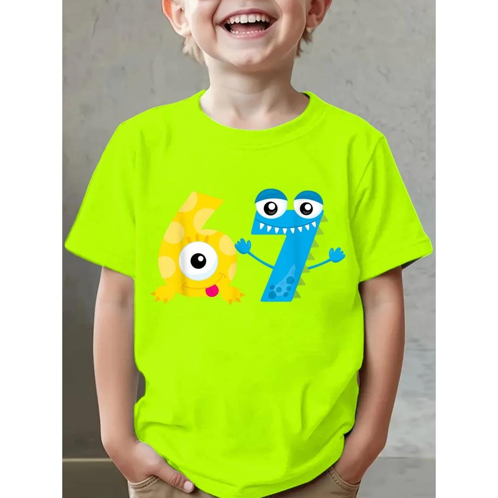 Мальчиковая футболка с графическим 3D-принтом числа 67, удобный топ с коротким рукавом и круглым вырезом, летняя повседневная спортивная детская футболка