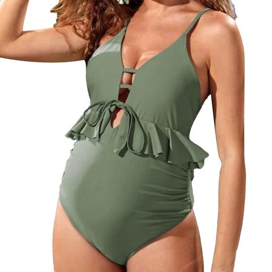 Front Lace-up Side Ruched Adjustable Back Straps Maternity Monokini Sexy Ruffle