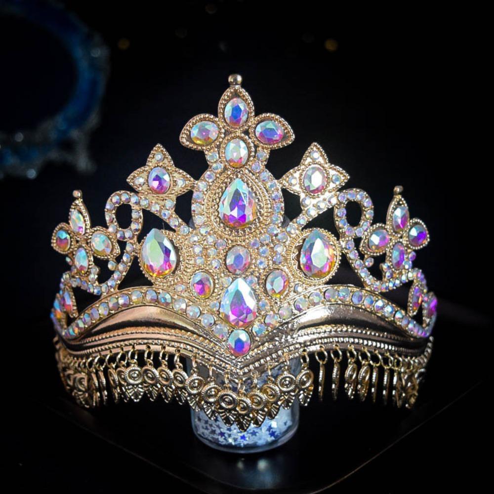 Gold Princess Hair Tiara Shiny Rhinestone Crown Luxury Ethnic Dance Crown Wedding