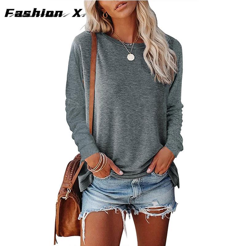 Женский свободный пуловер с круглым вырезом, однотонная женская футболка с длинными рукавами, топ
