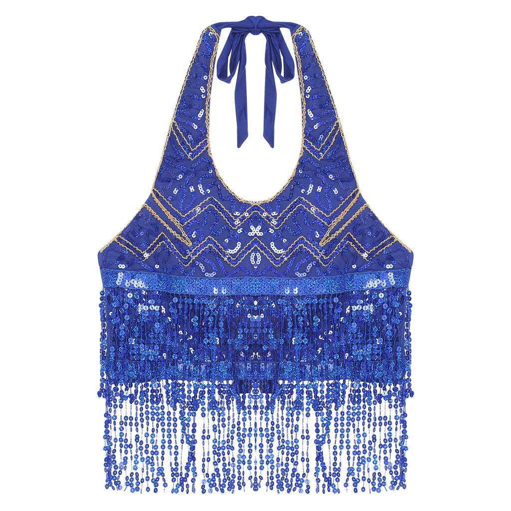Womens Sleeveless Halter Top Sequins Tassel Fringe Crop Bra Dance Wear