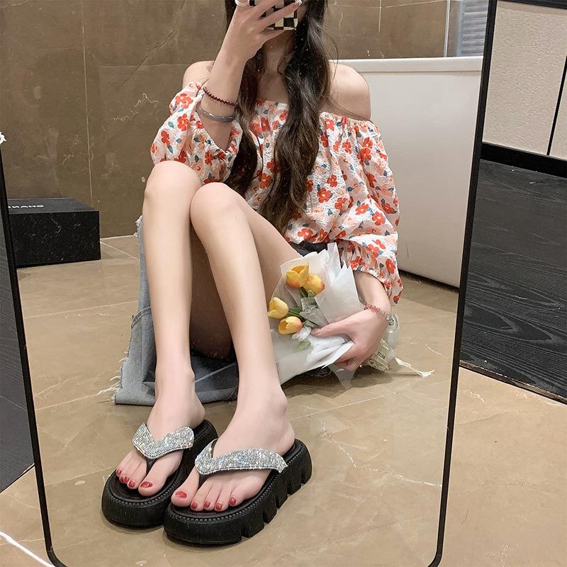 Fashion Slippers Women Shiny Crystal Wedge Sandals Summer Comfortable Soft-soled Sandals Outdoor Fashionable Shoes Flip-Flops De Mujer