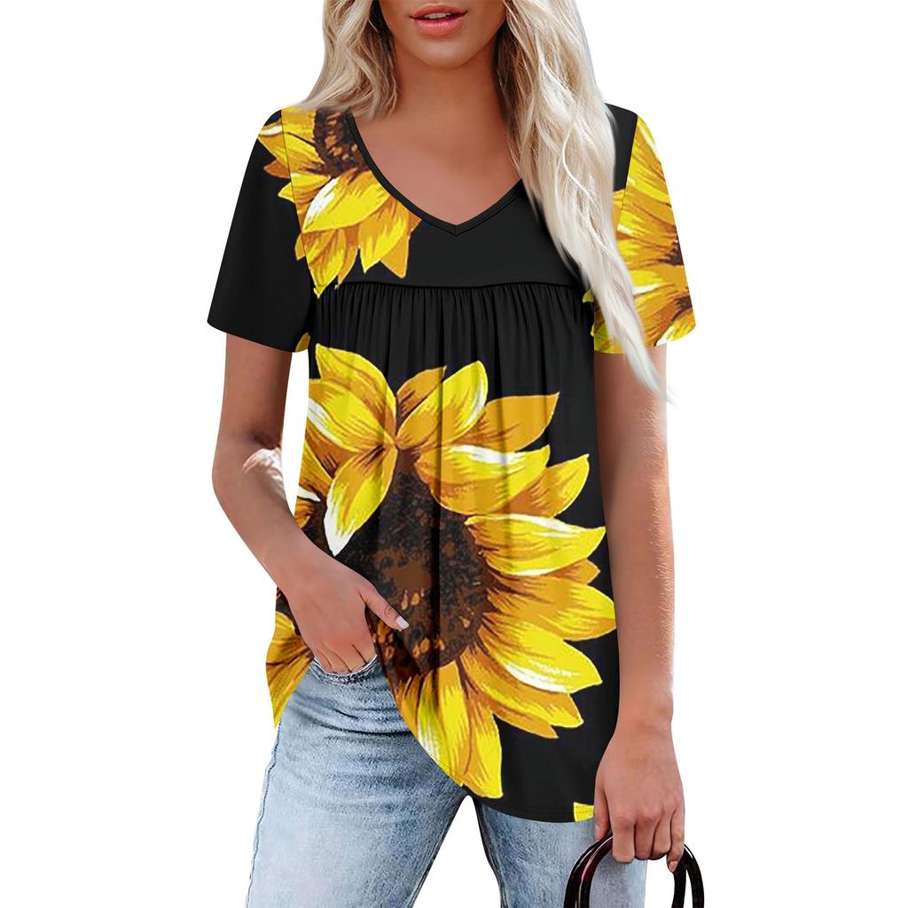 Women's Casual V-Neck Short Sleeve Chest Ruffle Printed Top