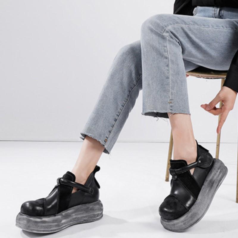 Johnature Genuine Leather Women's Flat Platform Shoes Versatile Vintage Round Toe Thick Soled Shoes