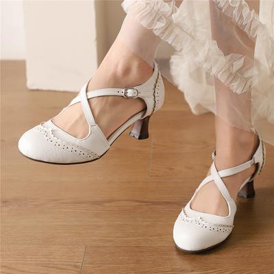 Модная женская обувь 2025 Туфли на высоком каблуке Весна Перекрестный ремешок Обувь на высоком каблуке Женские туфли с пряжкой Круглый носок Коричневый Желтый Черный Размер 32-48