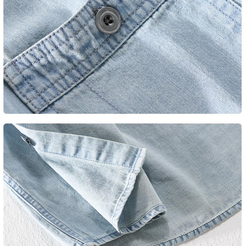Летняя джинсовая рубашка с коротким рукавом, повседневная, в простом стиле, повседневная, джинсовая, мужская, топы, воротник с лацканами, карман, рубашка из чистого хлопка на пуговицах, молодежная, красивая