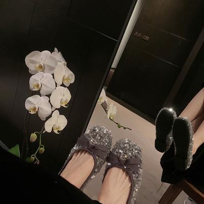 2025 Мама Виноград Весна Новые Туфли-лодочки с блестящими бусинами и бантом, Темпераментные, на одной педали, Женские