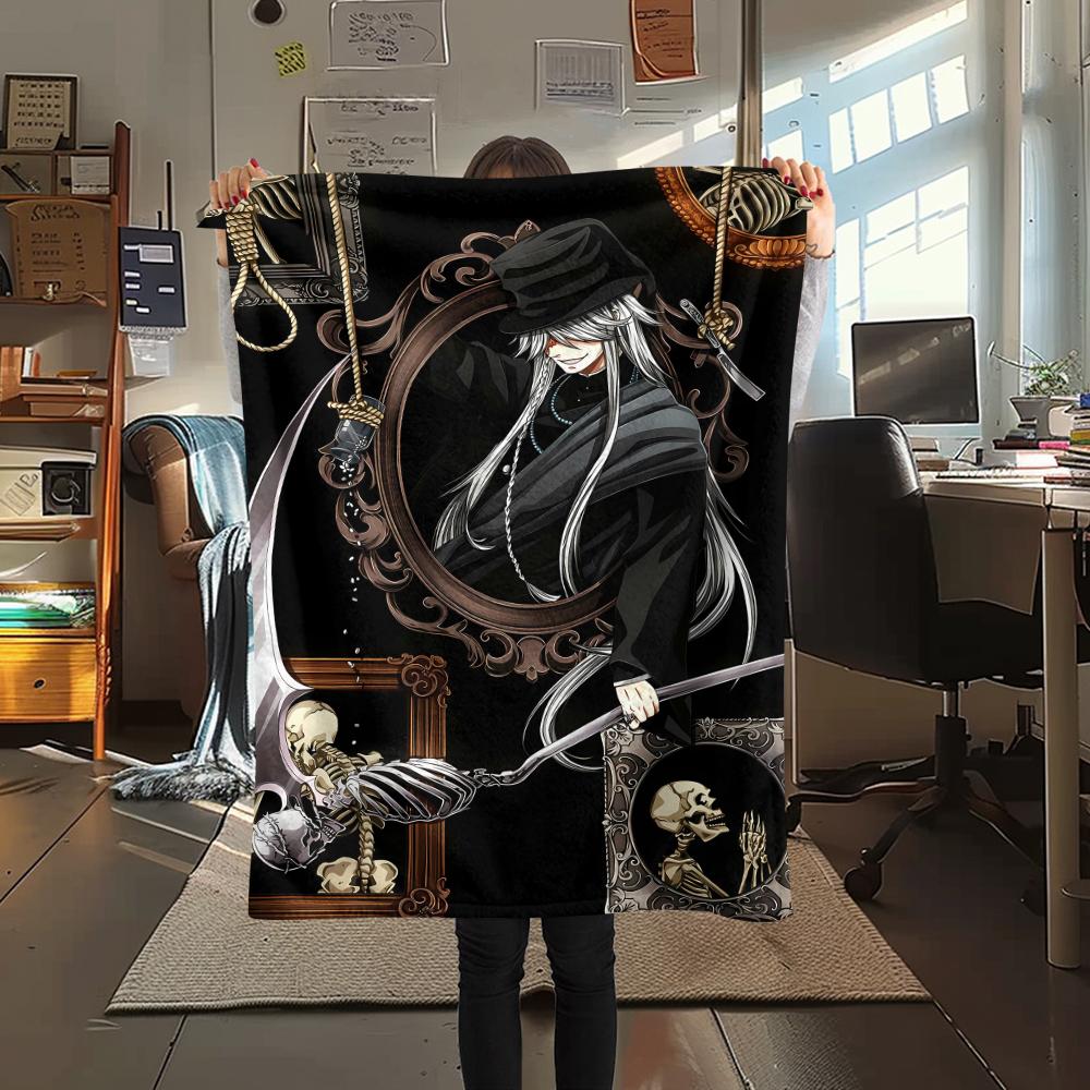 1 шт. Фланелевое одеяло с принтом «Черный дворецкий», Высококачественное, Для всех сезонов, Декор для дома, Тепло и уют, Идеально подходит для рождественских подарков