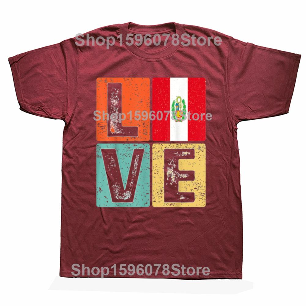 Funny Vintage Retro I Love Peru Flag For Peruvian Pride Gift Tshirts Men Fashion Casual 100 Cotton Loose Oversized T Shirt