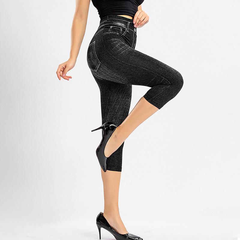 Fashion Women's Casual Imitation Denim Printed Tight Pants Comfy Elastic Waist Skinny Yoga Pants Ladies Butt Lifting Slim Fit Leggings