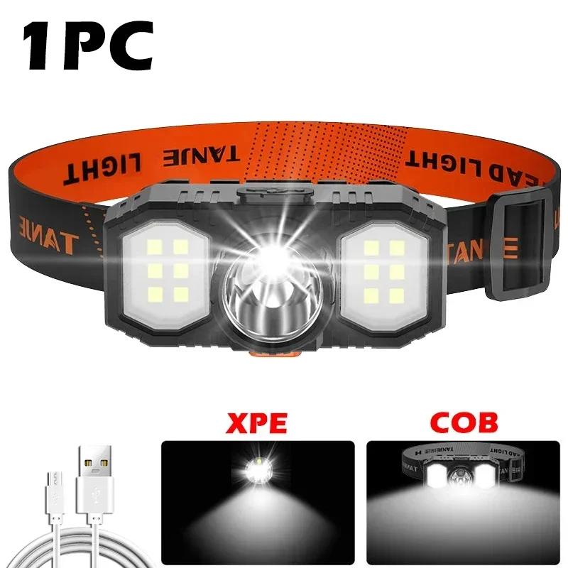 COB XPE LED Headlight Portable Flashlight Lantern Headlamp USB Rechargeable Outdoor Waterproof Headlight Built-in 18650 Battery