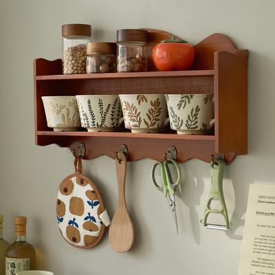 Настенная полка в скандинавском стиле Zakka с крючками, двухъярусная полка-стеллаж из массива дерева для кухни, столовой, настенный декор