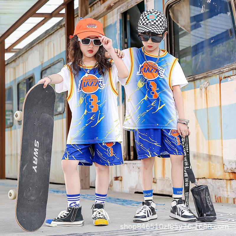 Wholesale of children's basketball clothes for boys and girls Printed kindergarten primary school students No. 24 jersey Light board performance