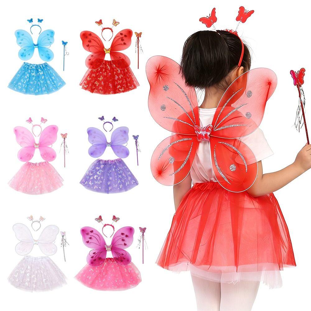 4Pcs/Set Fairy Princess Costume Butterfly Wings Puff Skirt Butterfly Wing Set Tutu Skirt Fairy Wand Fairy Wings