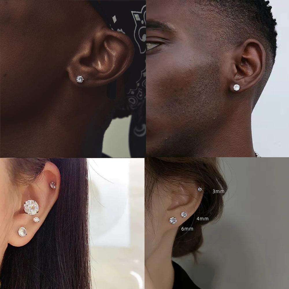 LUXUSTEEL Stainless Steel Round Cubic Zirconia Ear Piercing For Women Men CZ Shiny Silver Color Stud Earrings Body Jewelry