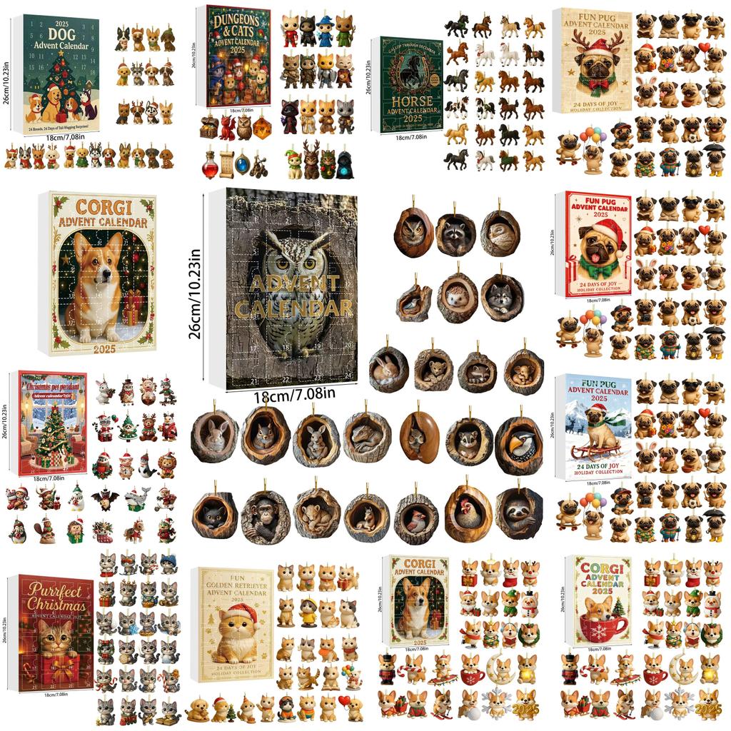 Christmas Pug Cat Horse Corgi Series Acrylic Advent Calendar With 24 Animal Figurines For Festive Decor