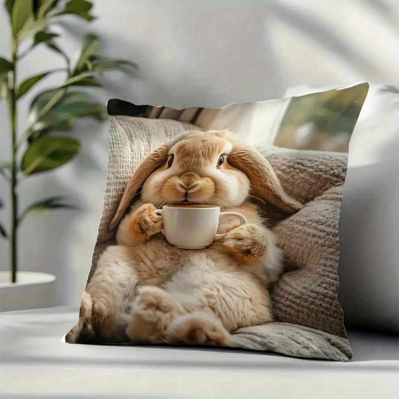 Vikama Cute Rabbit & Cup Print Cushion Cover Soft Decorative Throw Pillowcase For Home Sofa Bedroom Office - Polyester