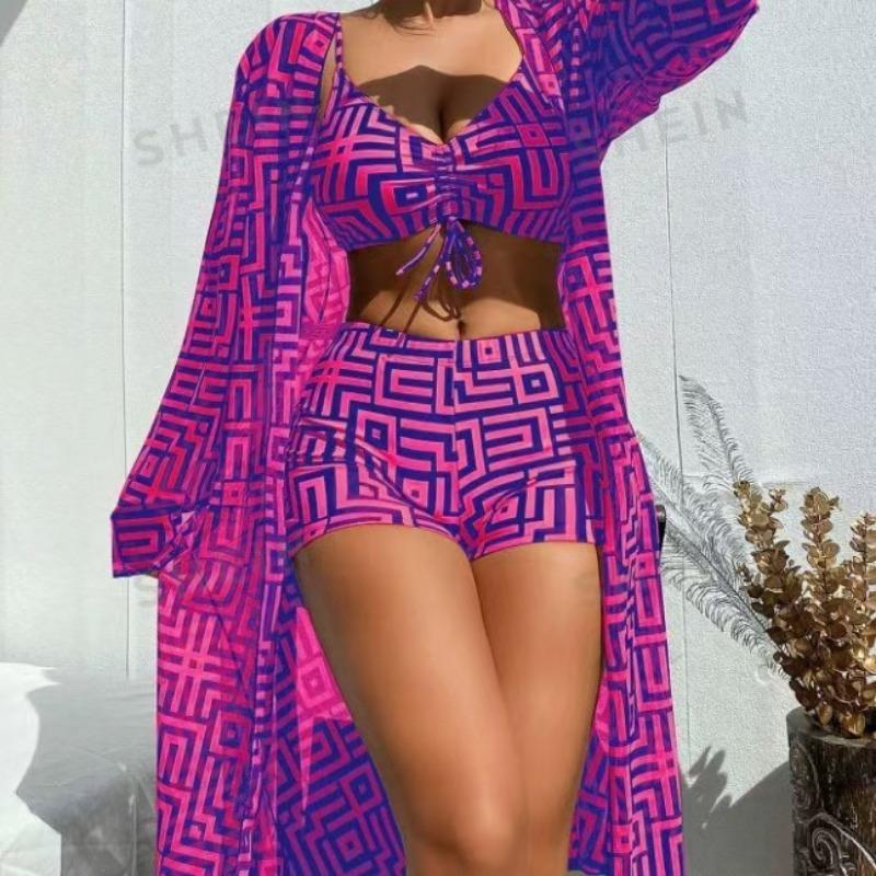 Новый европейский и американский женский раздельный купальник, блузка, трехкомпонентный, собирающий, пляжный, с высокой талией, бикини