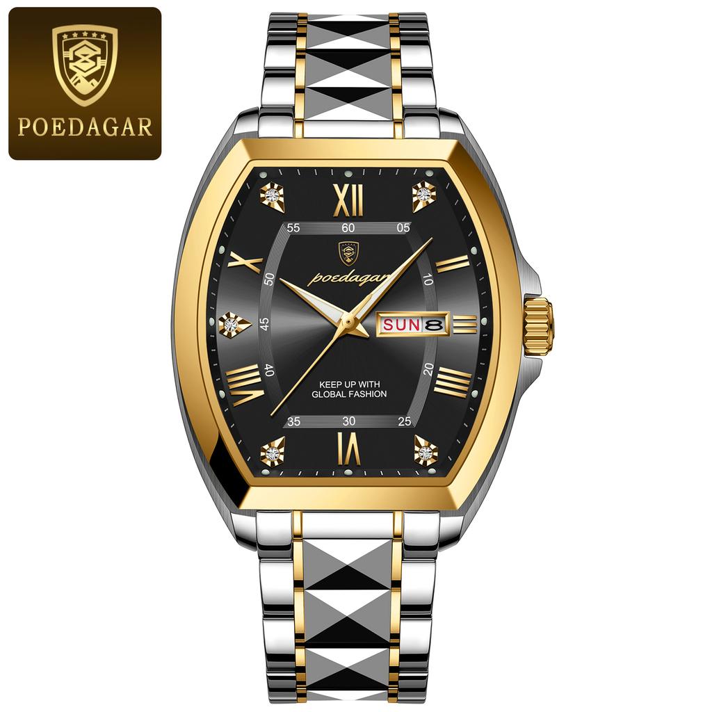 POEDAGAR Luxury Stainless Steel Watches for Man Luminous Waterproof Date Week Men Watch Tonneau Case Men's Quartz Watches