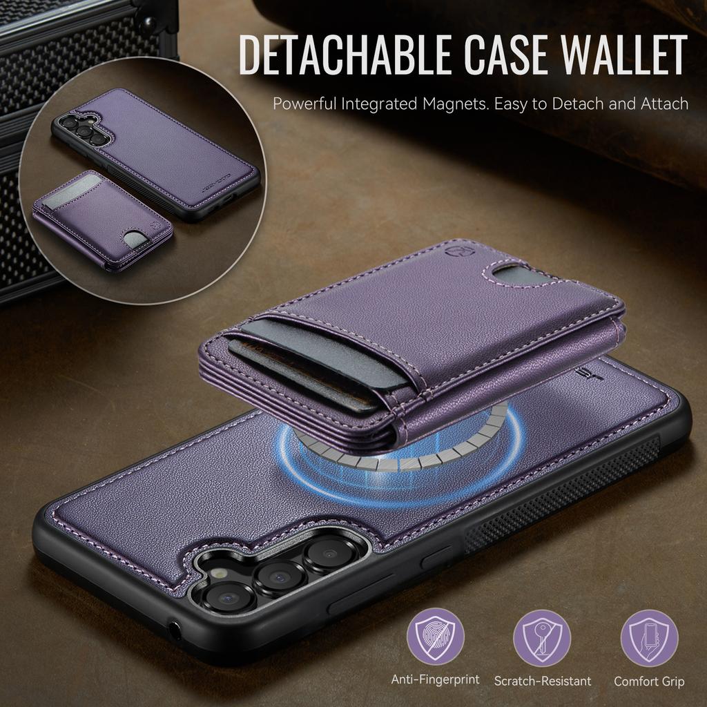 For Samsung Galaxy A55 5G Magnetic Case JEEHOOD J10 Leather Back Phone Cover with Detachable Card Holder Kickstand