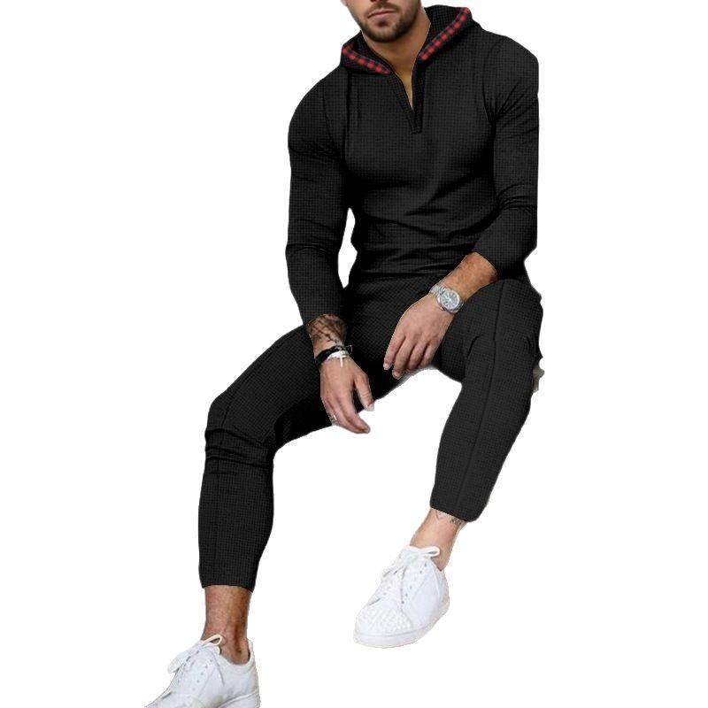 Mens Casual Two-Piece Set Hooded Long Sleeve Top Pants Solid Waffle Knit Lightweight Everyday Wear