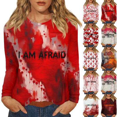 Женский Хэллоуин с принтом, круглым вырезом и длинными рукавами, свободный крой, повседневный топ с длинными рукавами и длинными рукавами