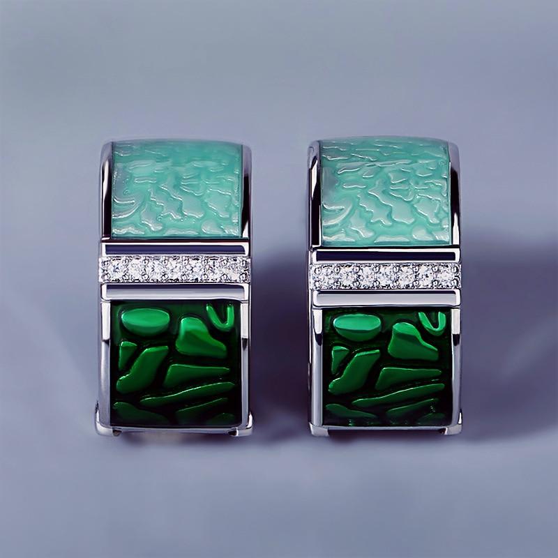 Exquisite Earrings for Women Genuine Green Square Sparkling CZ Stud Chic Fine Jewelry Handmade Enamel Bridal Jewelry