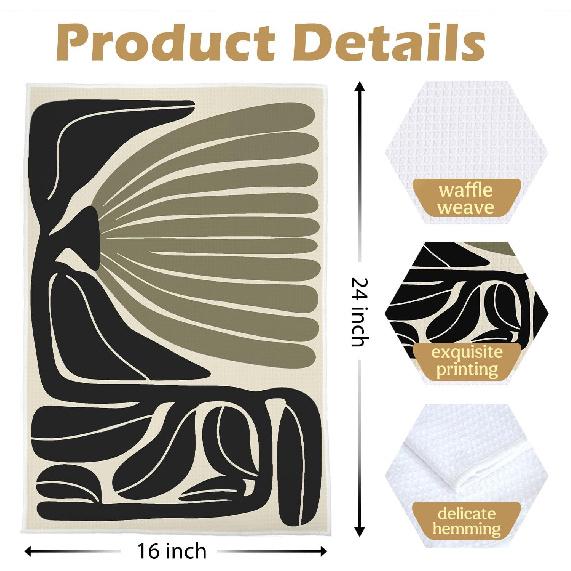 Boho Abstract Floral Kitchen Towels Set - Retro Green Black Flower Decorative Waffle Dish Towels, Mid Century Modern Decorative Hand Tea Towel, 16x24