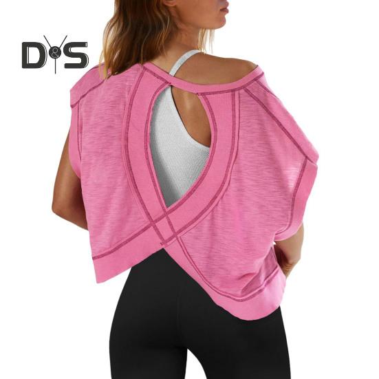 Женская беговая футболка с круглым вырезом и коротким рукавом, открытая спина, спортивный топ свободного кроя, однотонные повседневные топы для спортзала