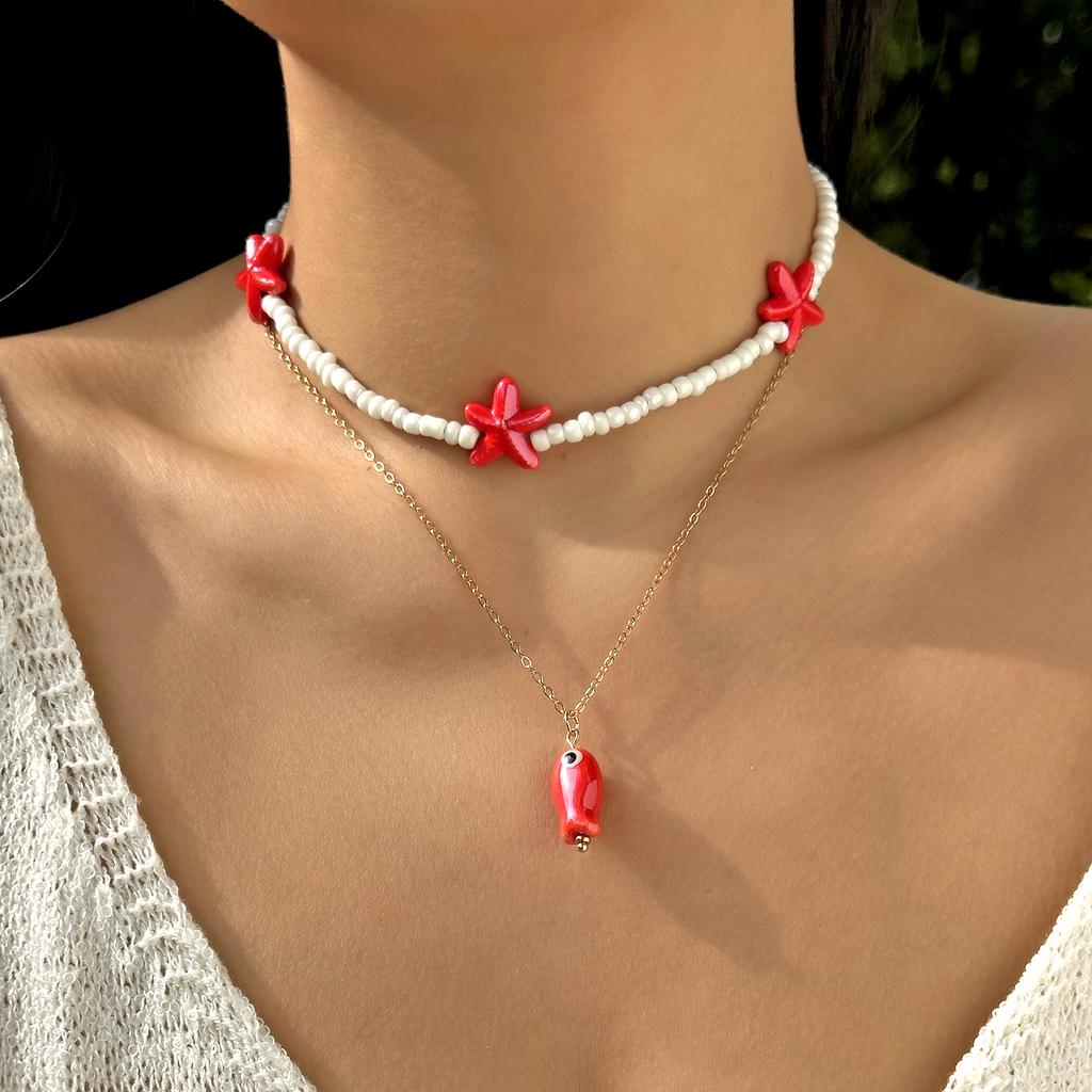 Charm Ocean Starfish OT Buckle Pendant Necklace for Women Handmade Rice Beads Ceramic Fish Choker Necklace Girls Party Jewelry