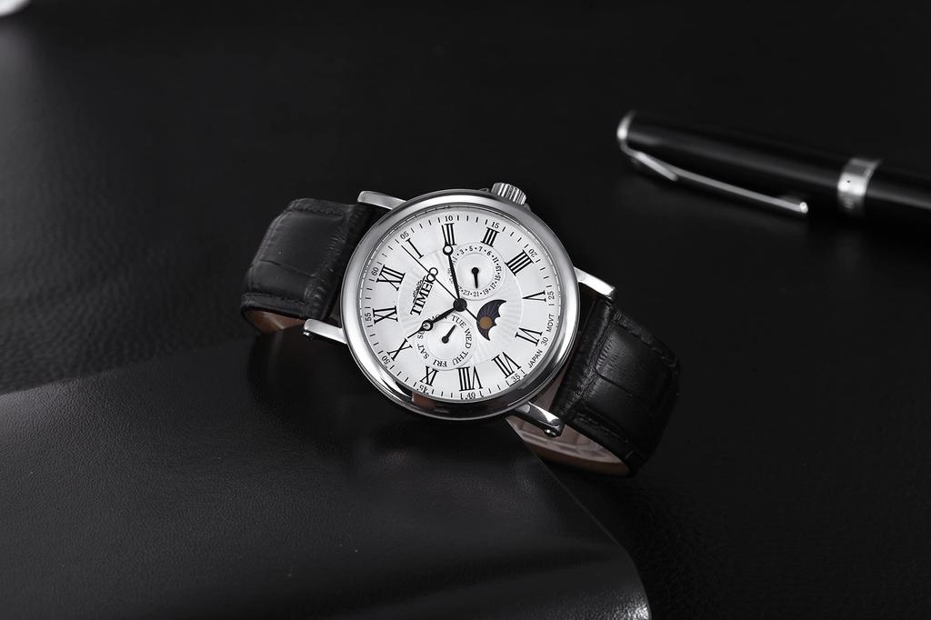 Популярные наручные часы Time100 с датой, днем недели, японским механизмом, черным кожаным ремешком, для офисных работников, для взрослых, белые