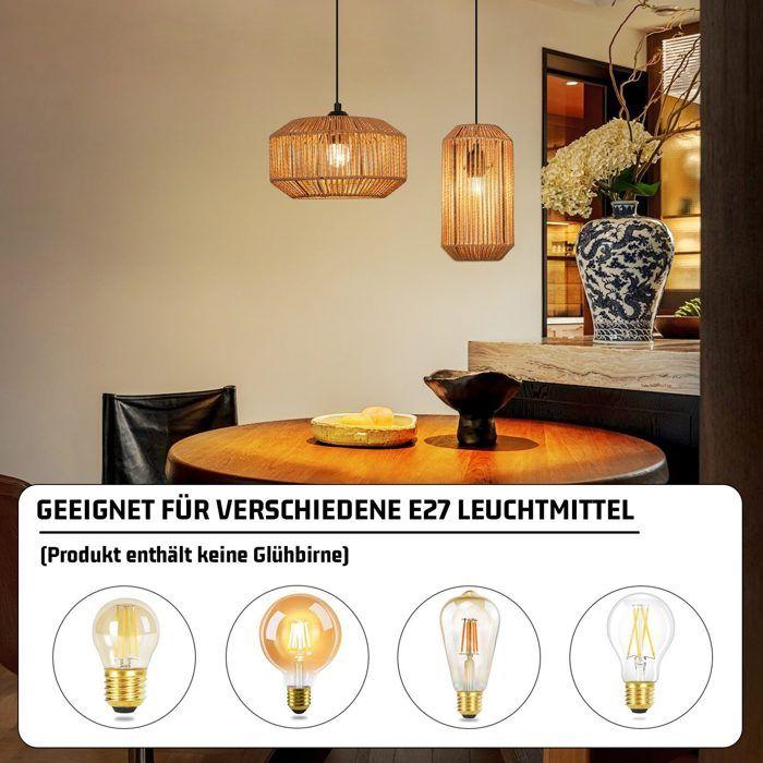 Lampe suspension rotin naturel NETTLIFE 1 lumière, Design bohème chic métal noir, Long, Luminaire E27 pour salle à manger salon