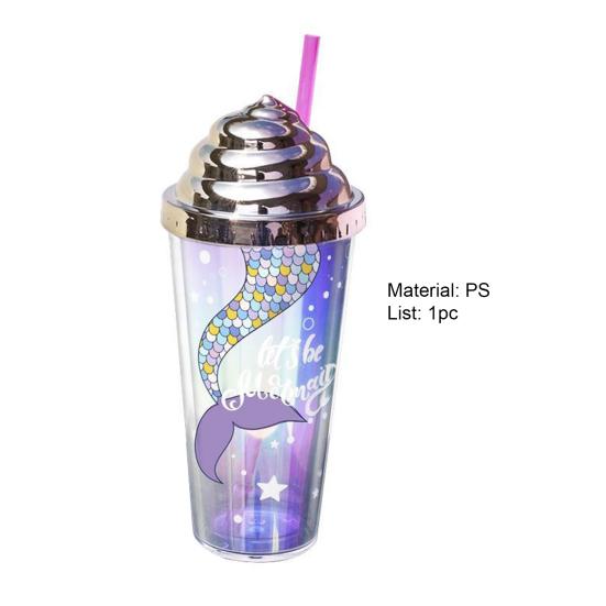 Стакан для воды 420 мл с соломинкой, двухстенный, с термоизоляцией, не содержит БФА, герметичный, пластиковый, с рисунком русалки, поильник для школы