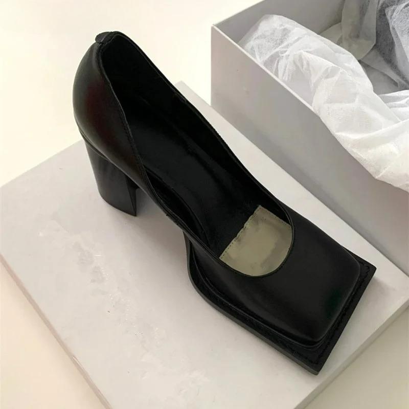 Туфли Мэри Джейн на массивном каблуке с квадратным носком Женские туфли с неглубоким ремешком Ретро Женская дизайнерская обувь Лодочки Женские Весна Осень Новые Черные Высокие Каблуки