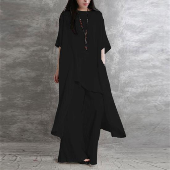 Yousheng комплект из 2 предметов: хлопковый лен, топы, брюки, комплект с круглым вырезом, рукавами до локтя, неровный подол, топы с высокой талией, длинные брюки, комплект, однотонный повседневный наряд