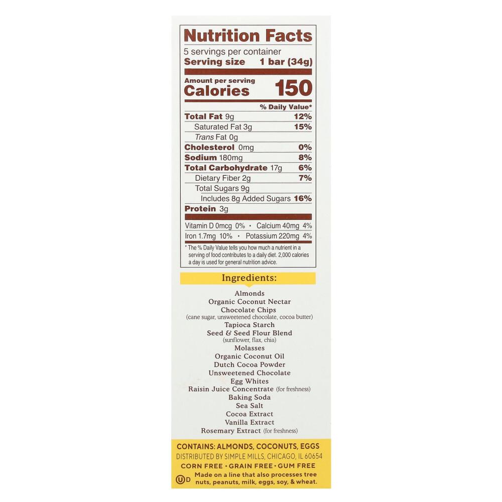Simple Mills Soft Baked Almond Flour Chocolate Brownie Bars, 5 Count (34g Each)