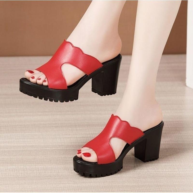 Туфли на платформе и каблуке, женская свадебная обувь, летние кожаные тапочки 2024 года, женские туфли на высоком каблуке, мягкие и удобные из кожи на толстом каблуке