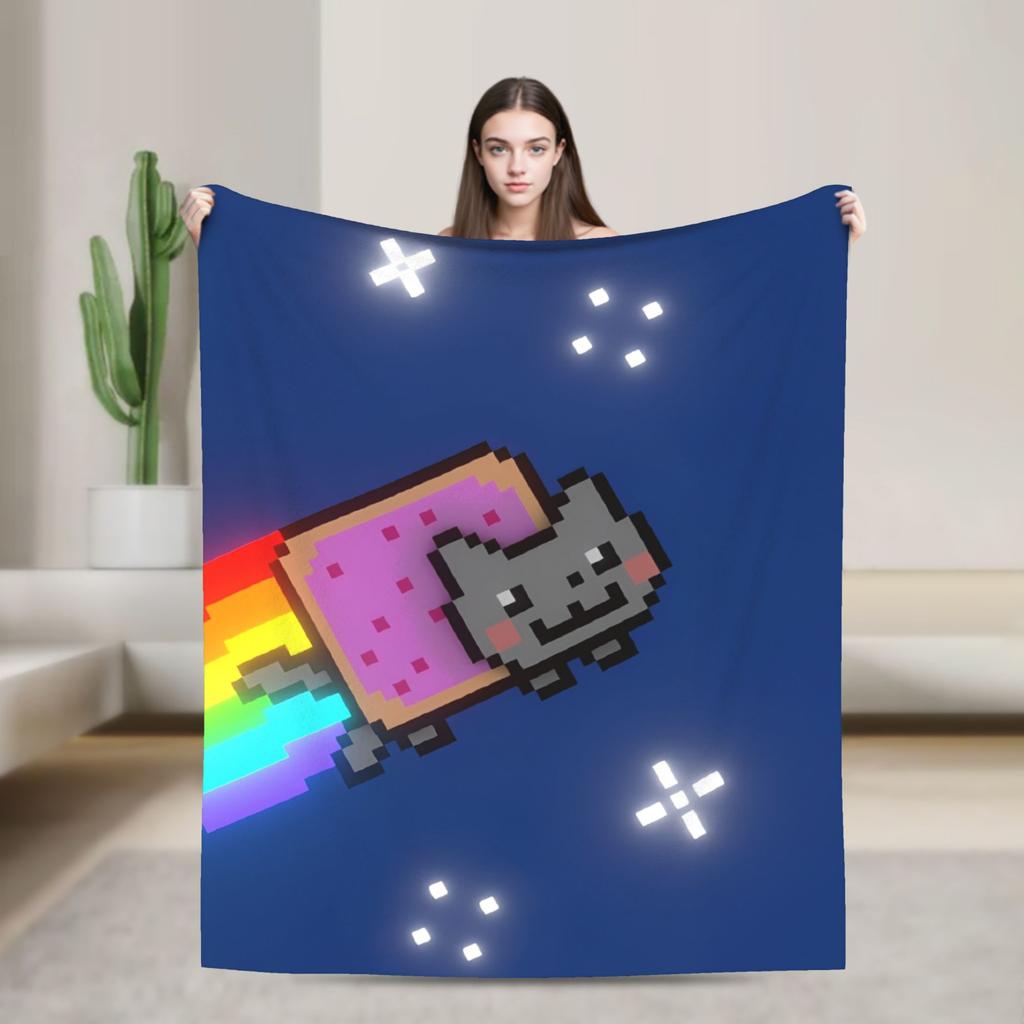 Cat Rainbow Pixel Space Nyans Blanket Flannel Textile Decor Multifunction Soft Throw Blankets for Bedding Couch Rug Piece