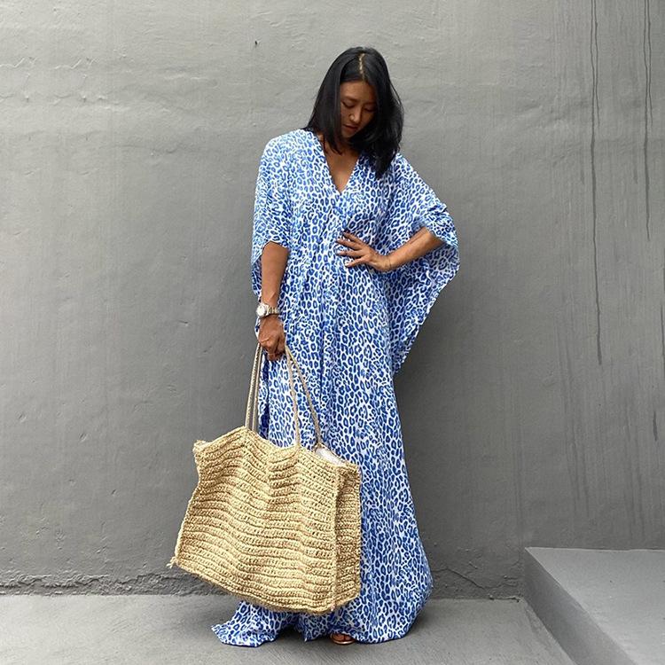 2021 European & American Leopard Print Rayon Beach Cover-up Robe with Belt