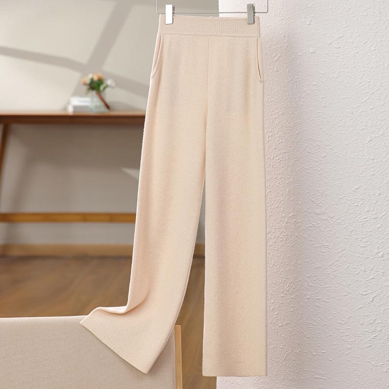 Женские драпирующиеся шерстяные брюки с высокой посадкой и широкими штанинами, осенне-зимний стиль, мягкие, универсальные, повседневные, длиной до пола, вязаные прямые штанины.