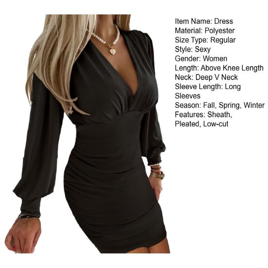 Женское весенне-осеннее платье с глубоким вырезом и глубоким V-образным вырезом, плиссированное платье-футляр с длинным рукавом, облегающее, с плотной талией, мягкое однотонное женское мини-платье длиной выше колена