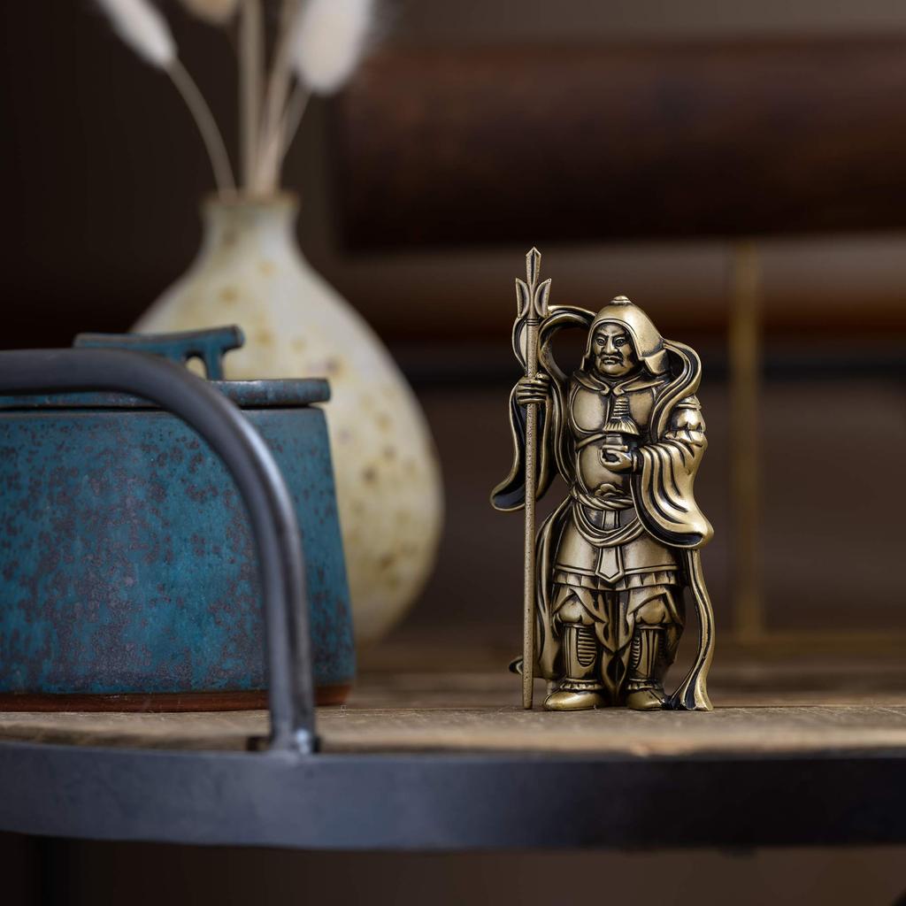 One of the Seven Lucky Gods, Bishamonten, Silky Gold. Sculptor: Makita Shuun. Original: Antique Gold. Buddhist Statue. Takaoka Copperware