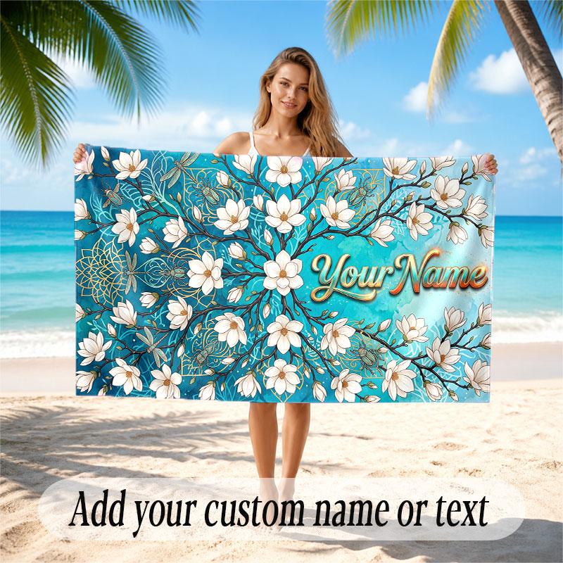 Floral Garden Theme Soft Beach Towel Personalized Custom Name Text Towel Portable for Beach Pool Travel