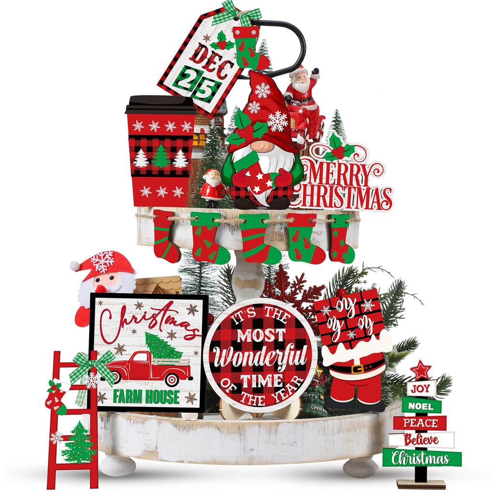 Farmhouse Rustic Tiered Tray Red and Black Plaid Christmas Table Decorations Suitable for Coming Season Holiday